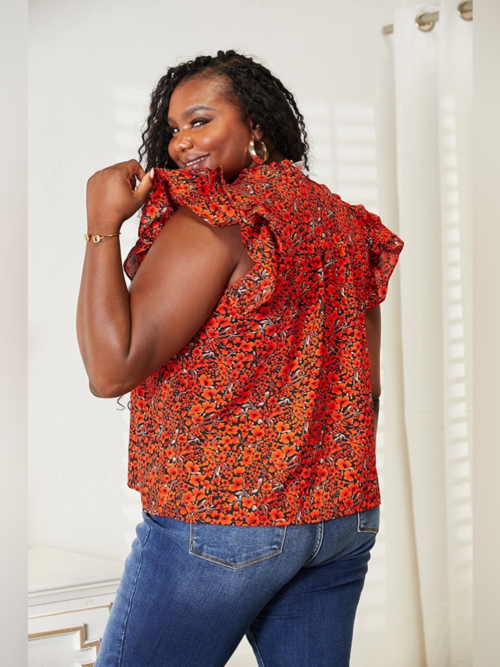 Double Take Floral Flutter Sleeve Notched Neck Blouse - Picture 6 of 12